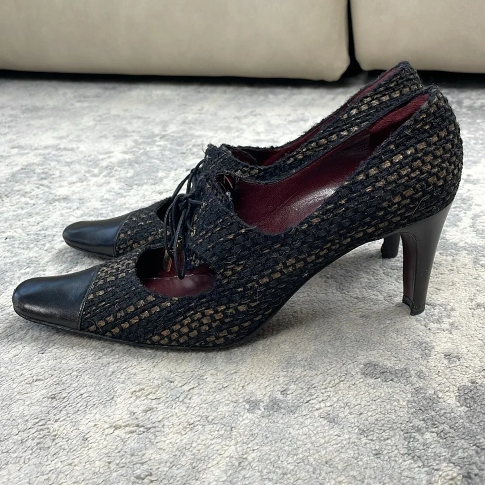 Vintage Chanel Tweed Squared Pointed Toe Lace Up Oxford Heels Sz 39.5